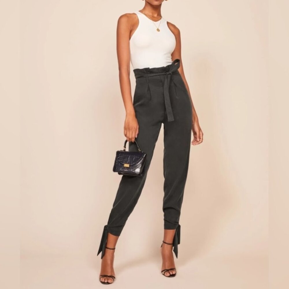 Reformation Avalon Vintage Black Pleated Ankle Tie High Waisted Pants Women's 2